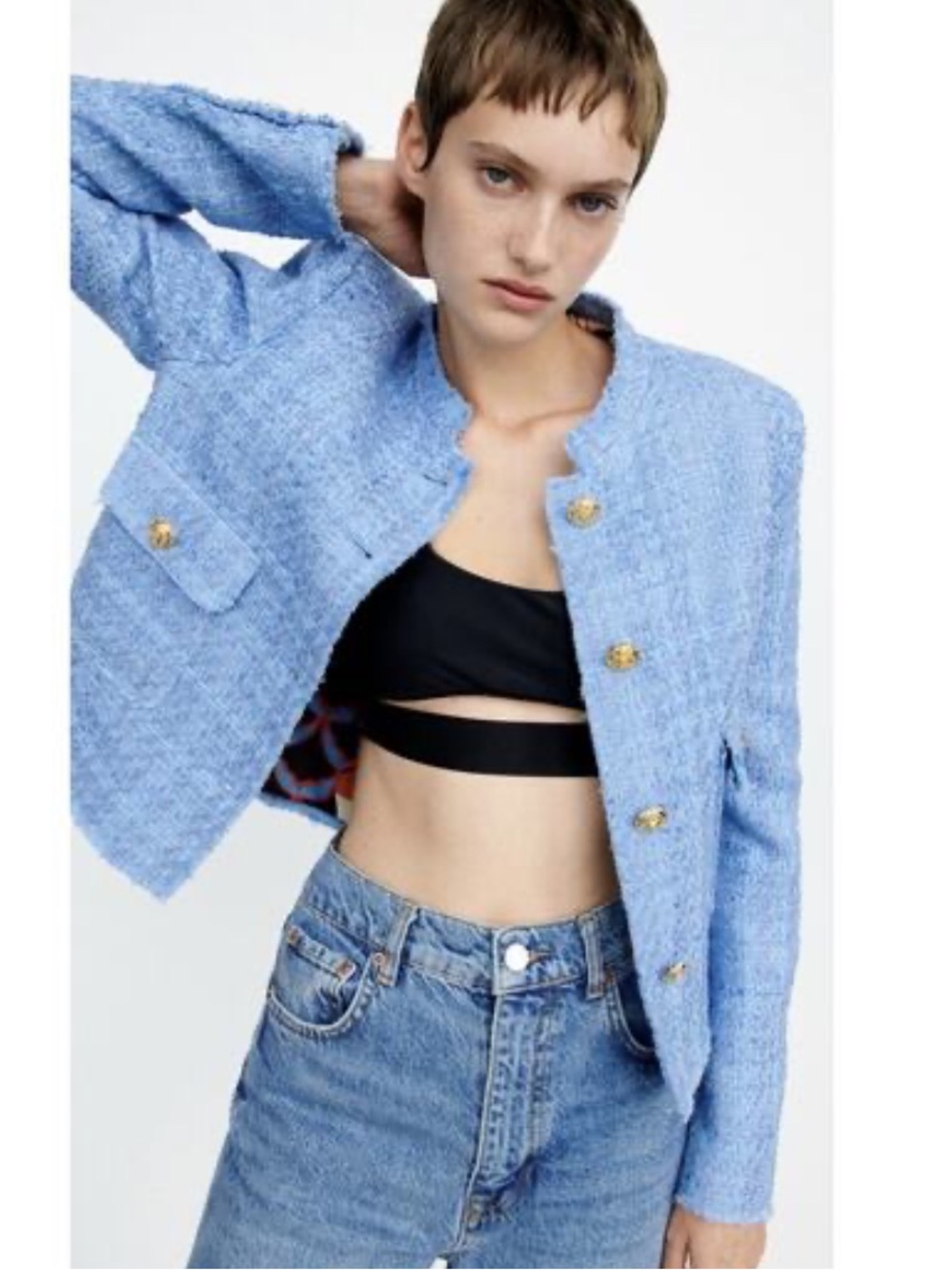 Zara Light Blue Tweed Cropped Lined Jacket with Gold Buttons Size Large